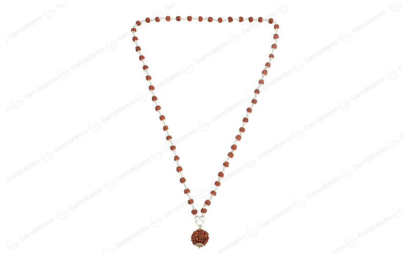 5 Mukhi Silver Rudraksha Mala - with Natural 6 Mukhi Rudraksha Pendant