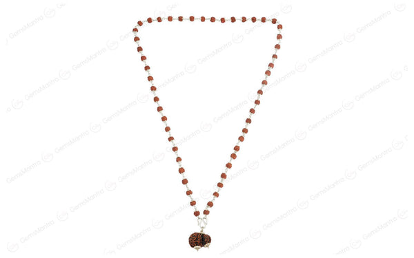 5 Mukhi Silver Rudraksha Mala - with Natural Garbh-Gauri Rudraksha Pendant