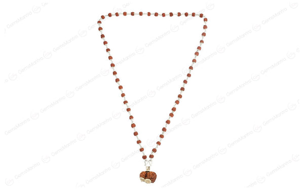 5 Mukhi Silver Rudraksha Mala - with Natural Gauri-Shankar Rudraksha Pendant