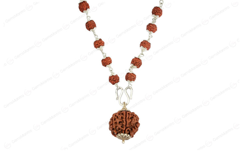 5 Mukhi Silver Rudraksha Mala - with Natural 6 Mukhi Rudraksha Pendant