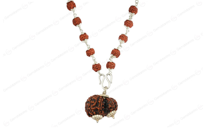 5 Mukhi Silver Rudraksha Mala - with Natural Garbh-Gauri Rudraksha Pendant