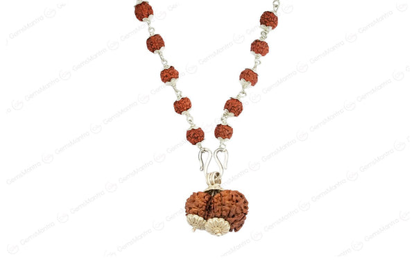 5 Mukhi Silver Rudraksha Mala - with Natural Gauri-Shankar Rudraksha Pendant