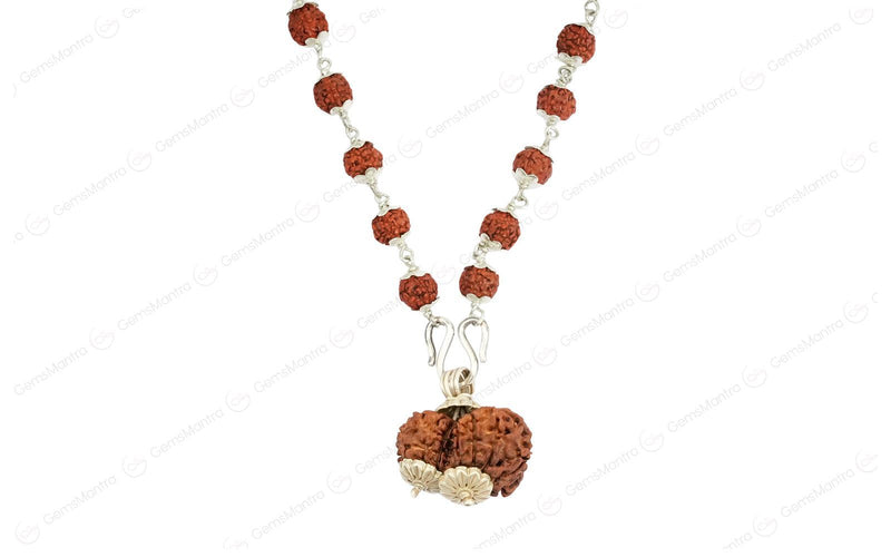 5 Mukhi Silver Rudraksha Mala - with Natural Gauri-Shankar Rudraksha Pendant