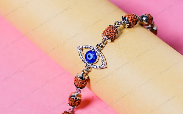 5 Mukhi Rudraksha Silver Evil Eye Bracelet for Kids