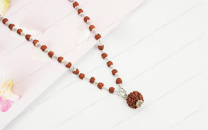 5 Mukhi Silver Rudraksha Mala - with Natural 6 Mukhi Rudraksha Pendant