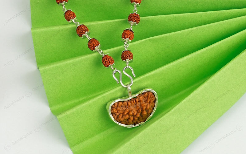 5 Mukhi Silver Rudraksha Mala - with Natural 1 Mukhi Rudraksha Pendant