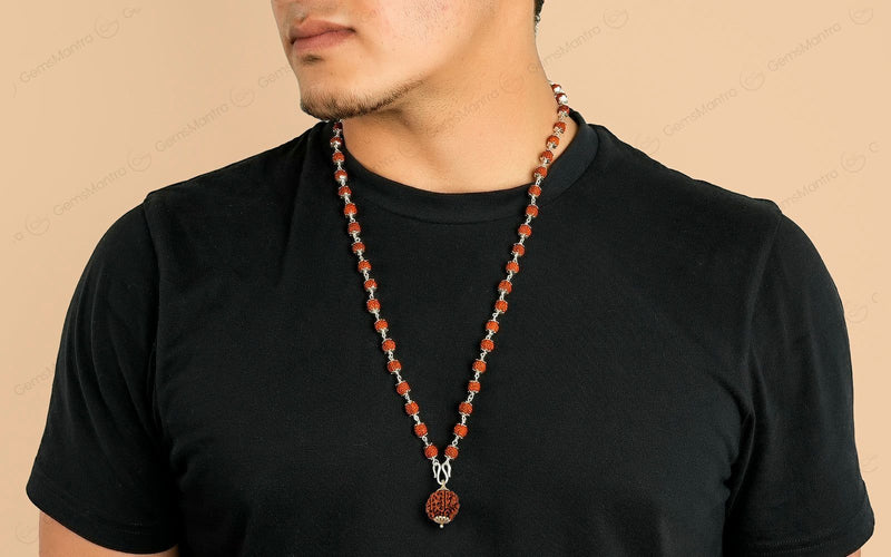 5 Mukhi Silver Rudraksha Mala - with Natural 6 Mukhi Rudraksha Pendant