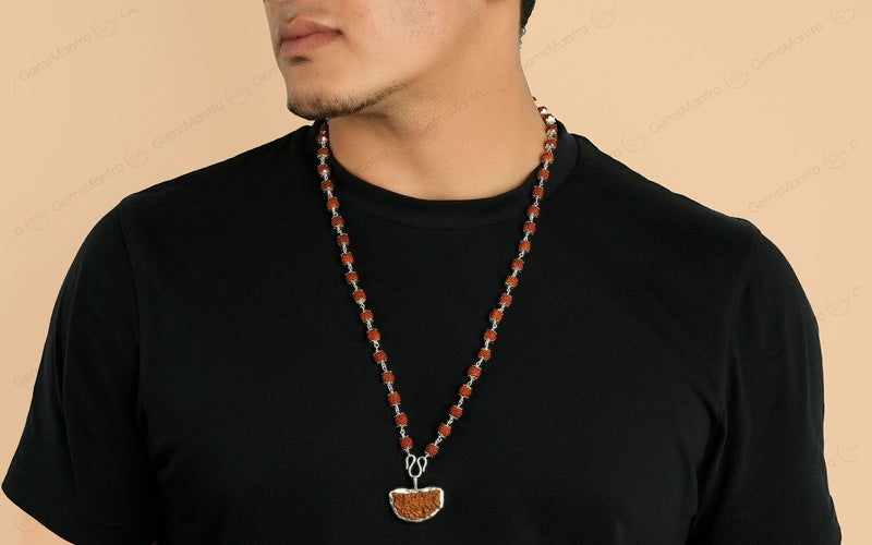 5 Mukhi Silver Rudraksha Mala - with Natural 1 Mukhi Rudraksha Pendant