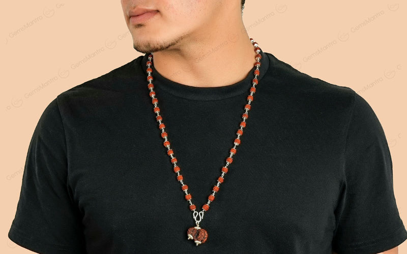 5 Mukhi Silver Rudraksha Mala - with Natural Garbh-Gauri Rudraksha Pendant