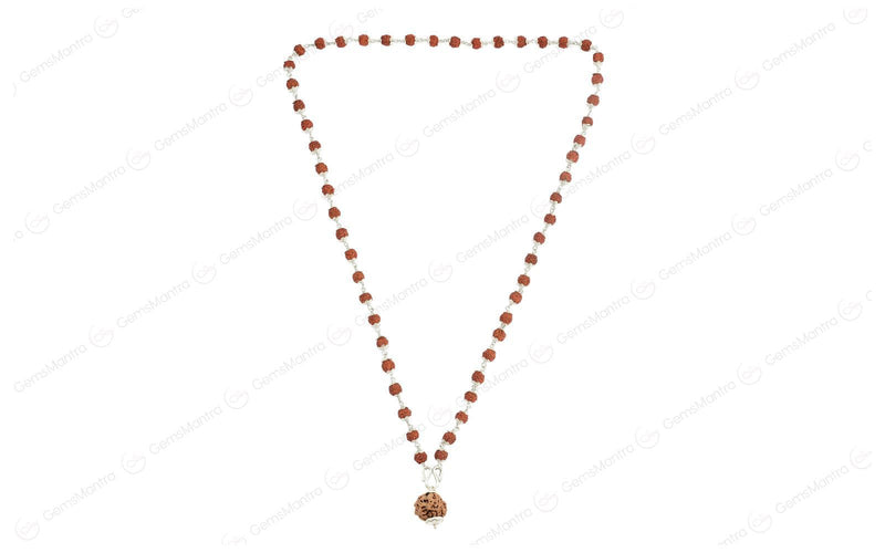 5 Mukhi Silver Rudraksha Mala - with Natural 5 Mukhi Rudraksha Pendant