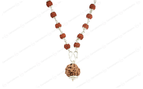 5 Mukhi Silver Rudraksha Mala - with Natural 5 Mukhi Rudraksha Pendant