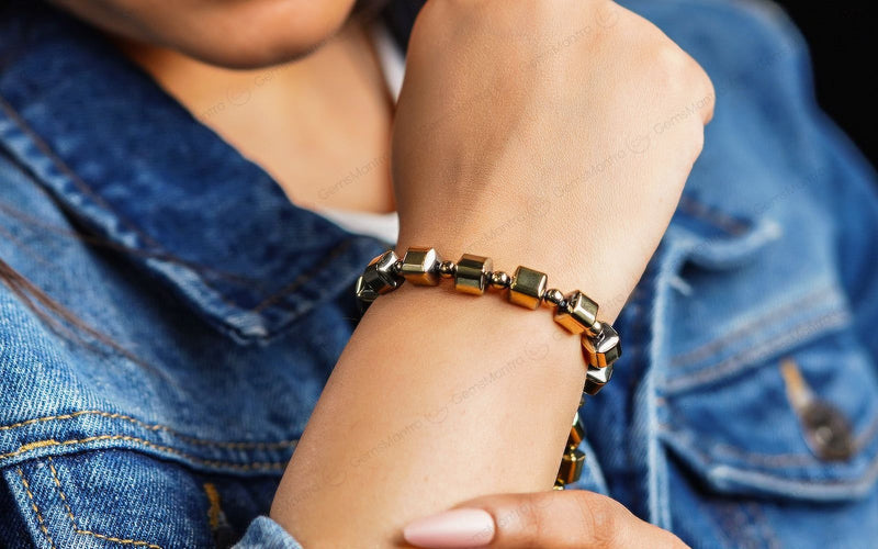 Golden Pyrite/Hematite Cube Beads Bracelet